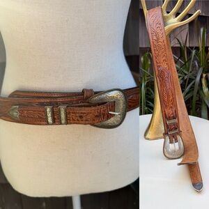 Vtg western ranger belt leather Montana Silversmiths buckle tips fits 32-35”